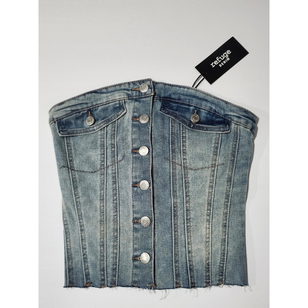 Refuge Y2K Denim Corset Tube Top Strapless Button Front Medium NWT Festival